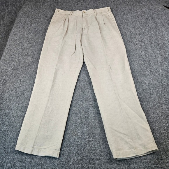 Caribbean Other - Caribbean Mens Tan Herringbone Linen Cotton Pleated Dress Pants 36x32‎